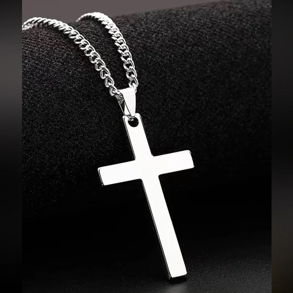 Men Silver Cross Charm Necklace, For Jewelry Gift And Party